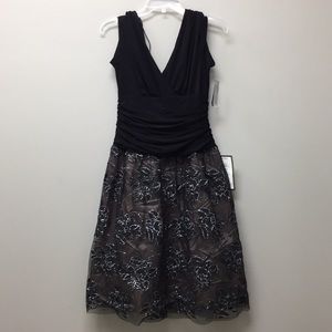 SLNY Black Multi Jersey & Beaded Tulle Party Dress